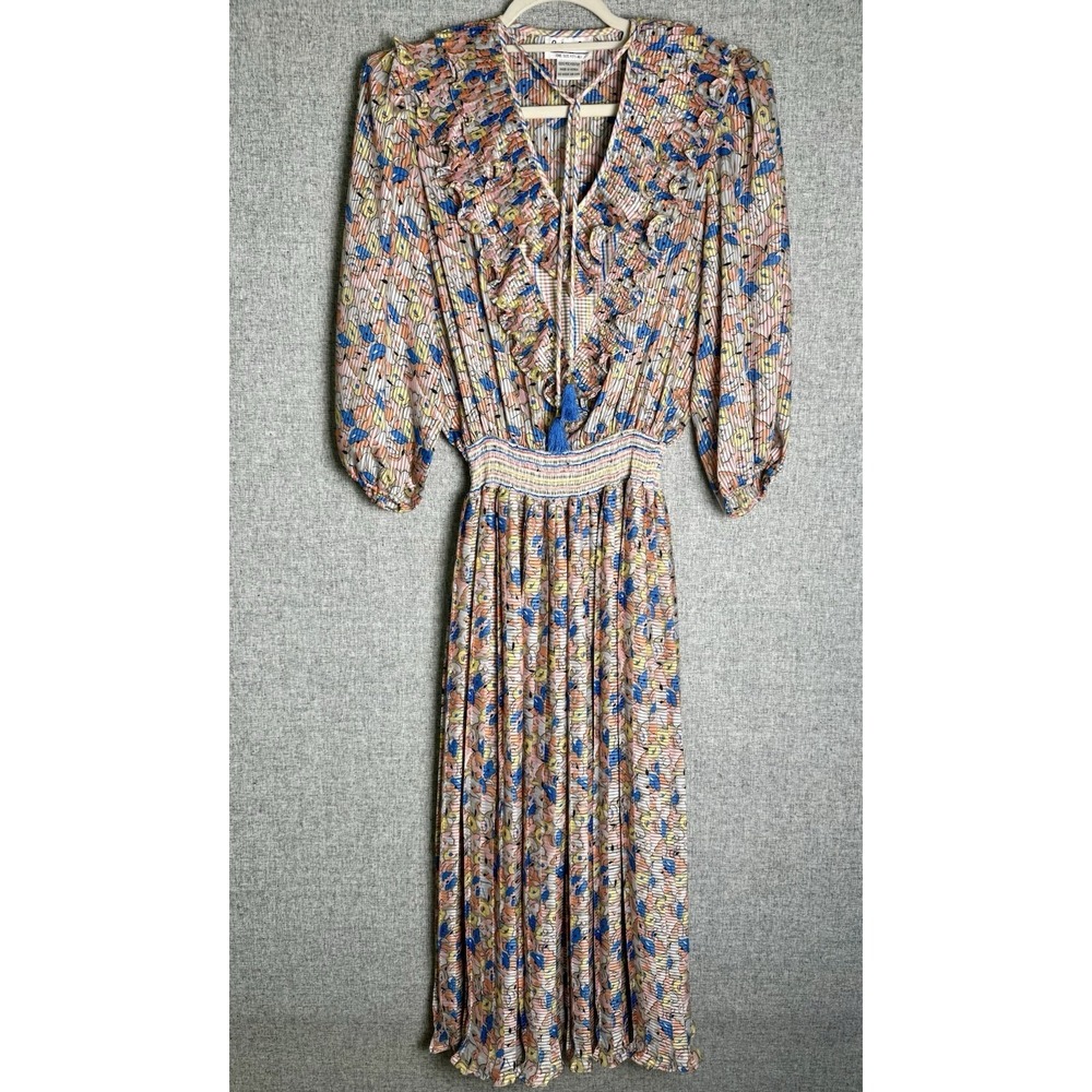 Indigo Lites Vintage 70s‎ Pink Blue Georgette Polyester Totem Maxi Dress Sm/M